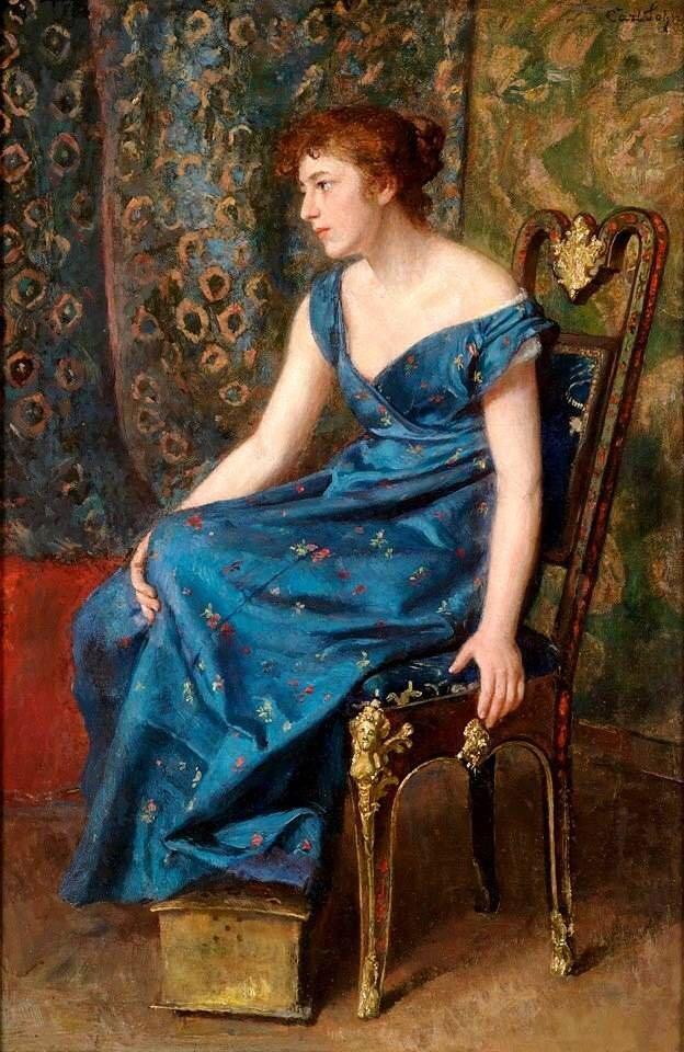 中世纪欧洲束腰的女子，贵族少女日常着装，蓝色华服细腰美人！