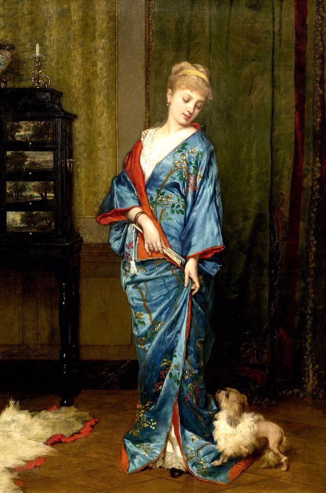 中世纪欧洲束腰的女子，贵族少女日常着装，蓝色华服细腰美人！